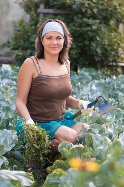 Woman weeding vegetable garden — Stock Photo, Image
