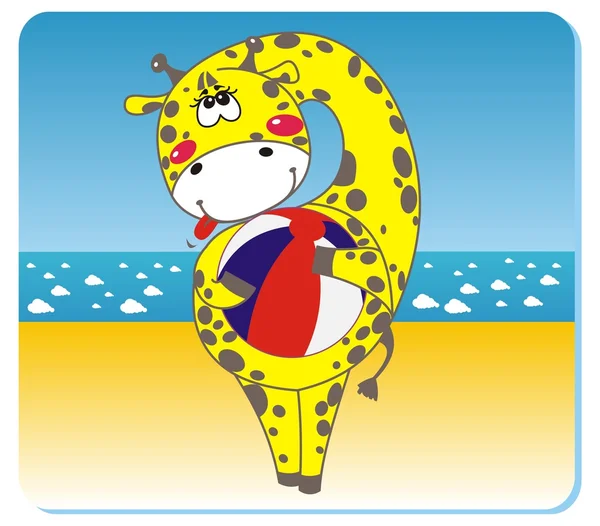 Giraffe with the ball on the beach — Stock Vector