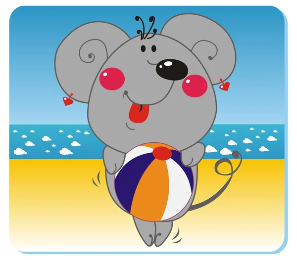 Mouse with the ball on the beach — Stock Vector