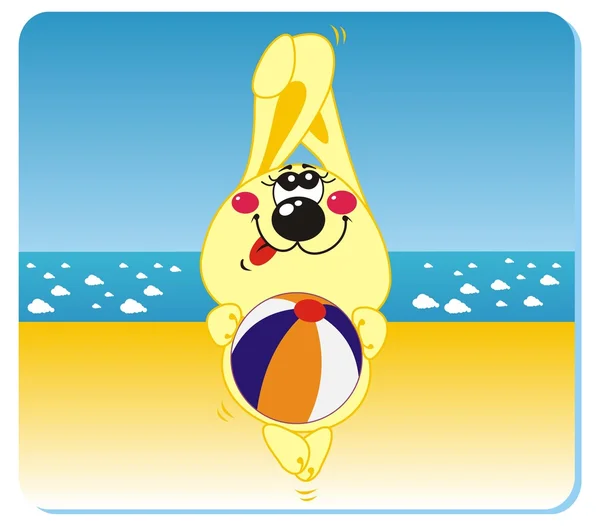 Кролик з м'ячем на пляжі — стоковий вектор