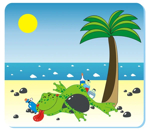 Drunk frog with the ball on the beach — Stock Vector