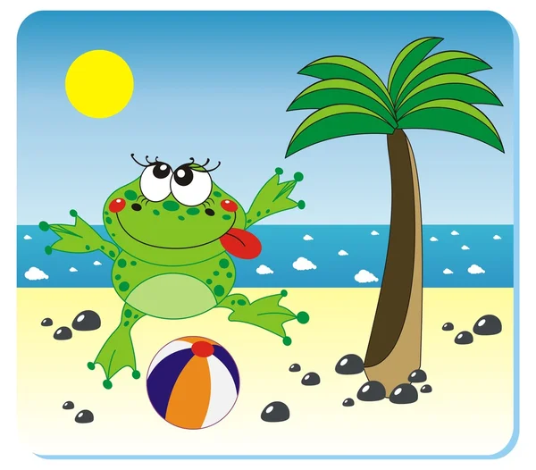 Frog with the ball on the beach — Stock Vector