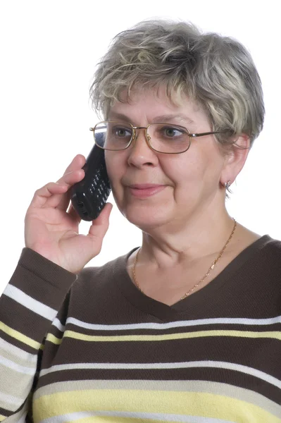 Γυναίκα με τηλέφωνο σε άσπρο φόντο — Φωτογραφία Αρχείου