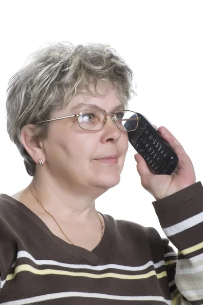 Žena s telefonem na bílém pozadí — Stock fotografie