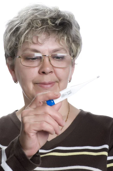 stock image Woman with thermometer on white