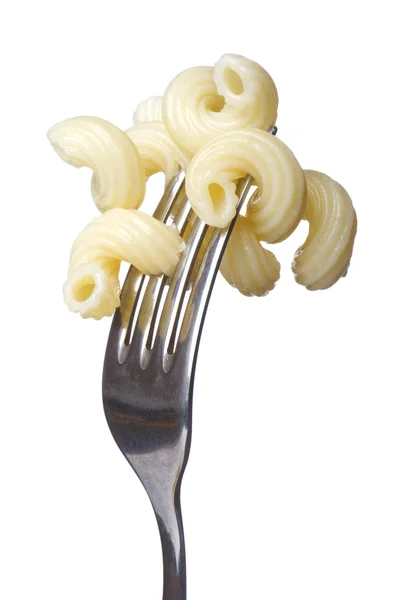 Pasta op vork op wit — Stockfoto