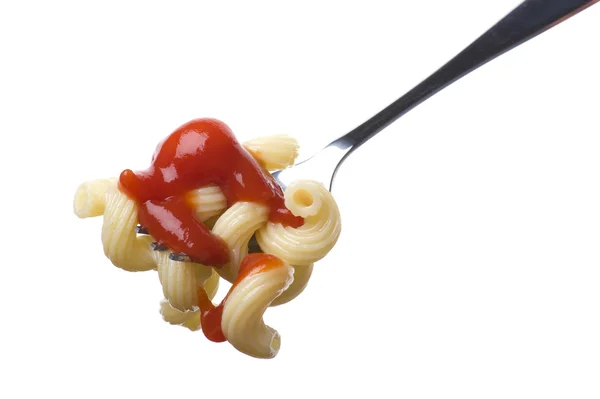 Pasta on fork with ketchup close up — Stock Photo, Image