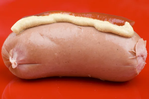 Sausage with ketchup and mustard — Stock Photo, Image