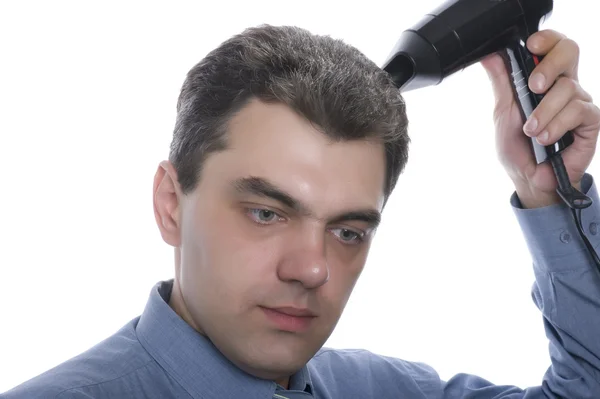 Mężczyźni z suszarką do włosów z bliska — Zdjęcie stockowe
