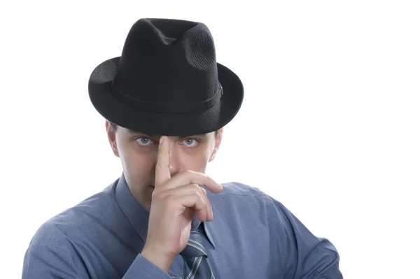 Mannen in zwarte hoed op wit — Stockfoto