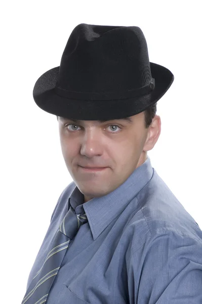 Férfi fehér alapon fekete kalap — Stock Fotó