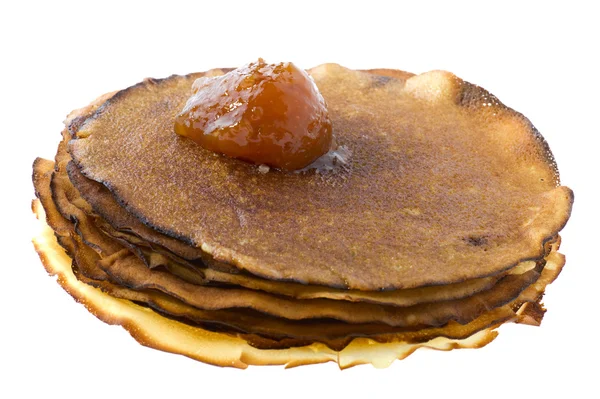 Pancake with jam on white — Stock Photo, Image