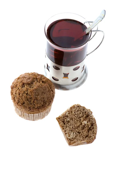 Muffin with tea isolated — Stock Photo, Image