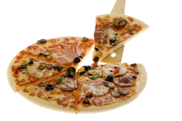 Cutting pizza on white background — Stock Photo, Image