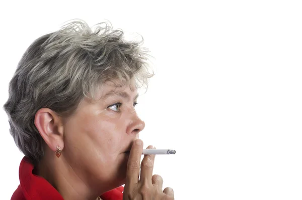 Woman in red with cigarette — Stock Photo, Image
