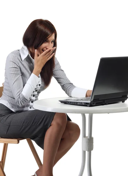 Happy women sitting with computer — Stock Photo, Image
