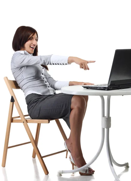 Happy women sitting with computer — Stock Photo, Image