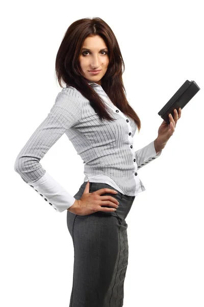 Young woman stands with electronic book — Stock Photo, Image