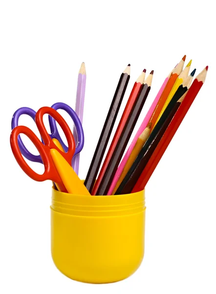 Algumas tesouras e lápis em um copo — Fotografia de Stock