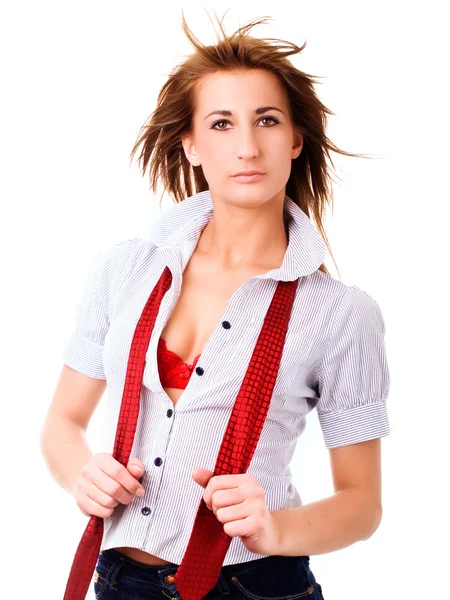 Sexig kvinna med slips över vita — Stockfoto