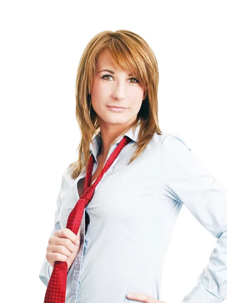 Nő a gazdaság nyakkendő felett fehér ing — Stock Fotó