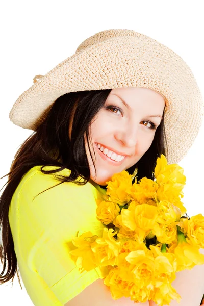 Primavera mulher segurando flores — Fotografia de Stock