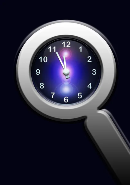 Horloge en lupe sur fond bleu foncé — Photo