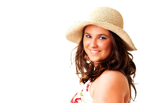 Usmívající se žena v klobouku — Stock fotografie