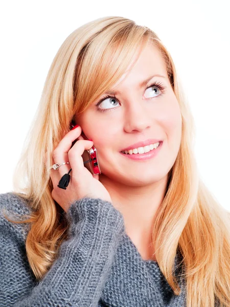 Mujer rubia sonriente llamando por teléfono — Foto de Stock