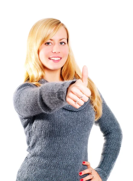 Mujer rubia señalando signo ok sobre blanco —  Fotos de Stock