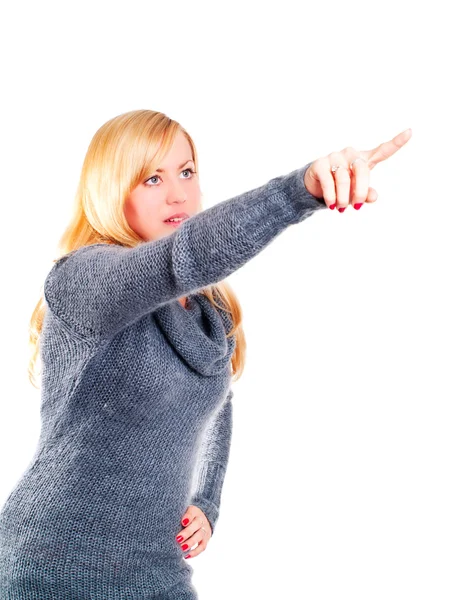Woman pointing by finger over white — Stock Photo, Image