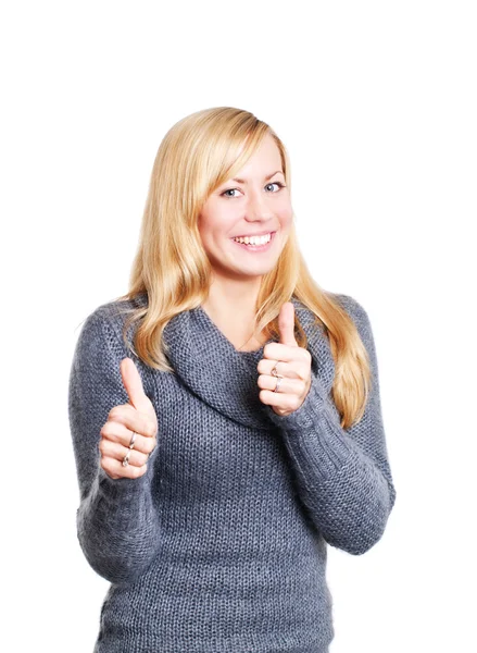 Blond woman pointing ok sign over white — Stock Photo, Image