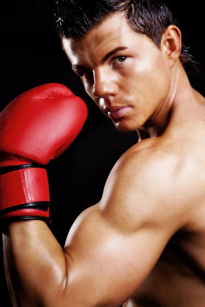 Muscular man fighting box over dark — Stock Photo, Image