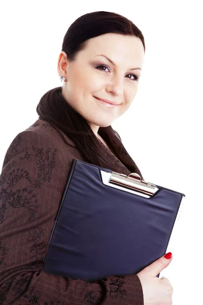 Usměvavá podnikatelka drží složky nad bílá — Stock fotografie