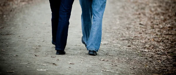 Couple de personnes âgées marchant dans le parc - jambes seulement — Photo