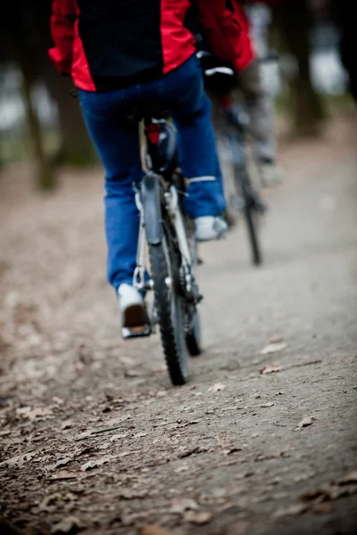 Zwei Radfahrer auf Waldweg unterwegs - Frontfokus — Stockfoto