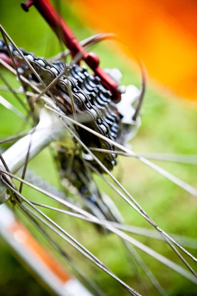 Задняя кассета велосипеда на колесе с цепью — стоковое фото