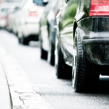 Traffic jam in flooded highway cause rain clipart