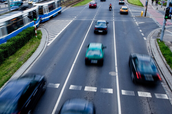 Cars in motion blur on a street of Wroclaw - city with the biggest traffic jams in Europe