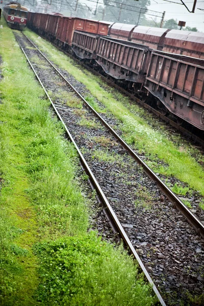 Vagões de carga na estação de trem durante a chuva — Fotografia de Stock