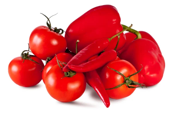 Pimentos Tomates Deite Mesa Branca Legumes Sobre Fundo Branco — Fotografia de Stock