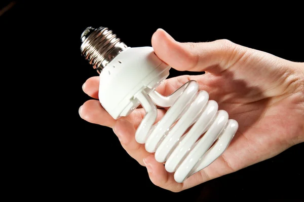 Energy saving light bulb in hand — Stock Photo, Image