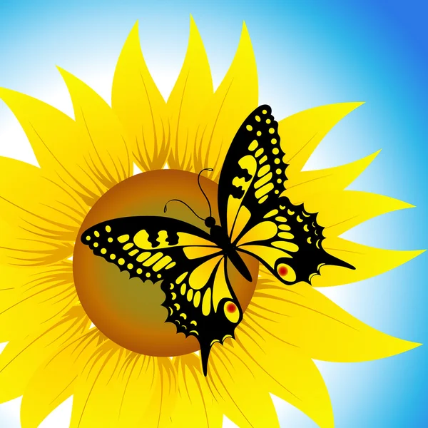 Butterfly sitting on sunflower — Stock Vector