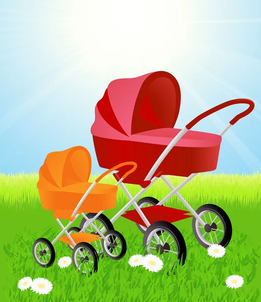 Baby carriages on beautiful summer field — Stock Vector