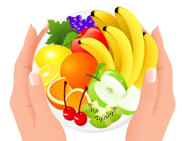 Piatto di frutta in mani umane — Vettoriale Stock