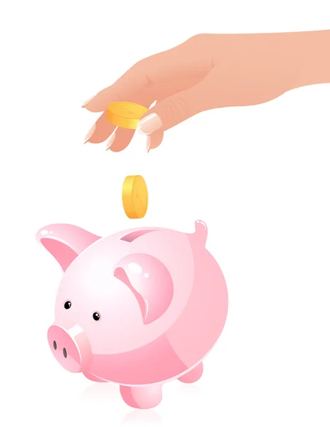 Hand throwing money in piggy bank — Stock Vector
