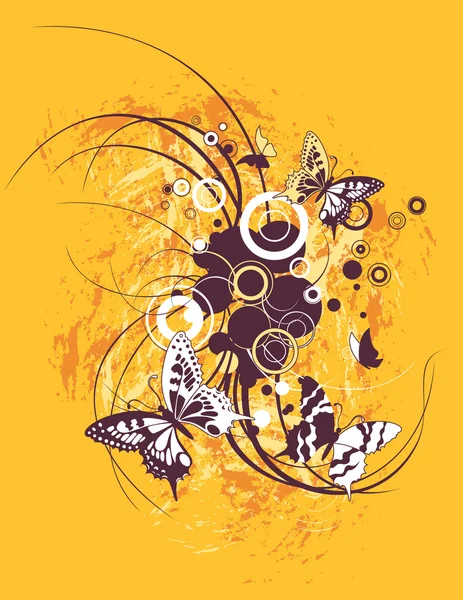 Vortice floreale giallo con farfalle — Vettoriale Stock