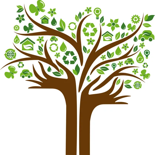 Árbol de iconos ecológicos con dos manos — Vector de stock