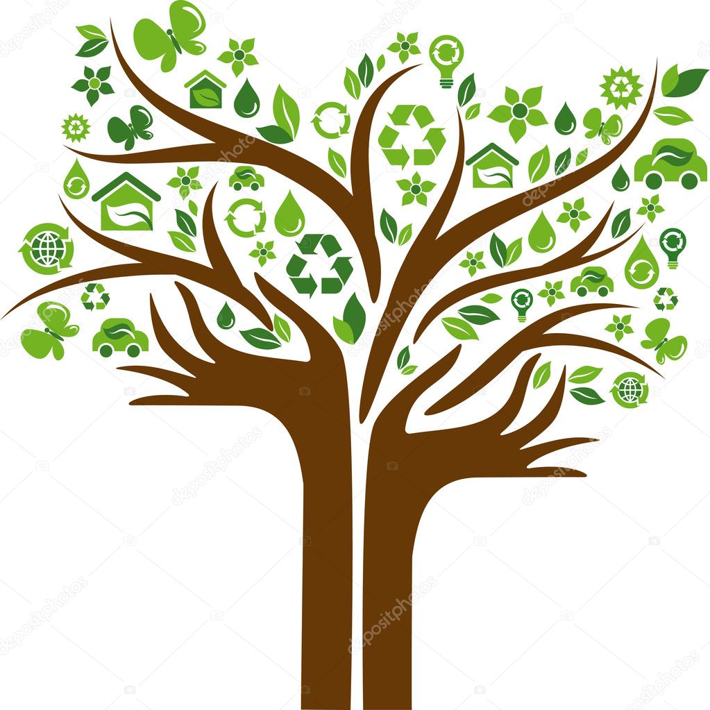 Ecological icons tree with two hands