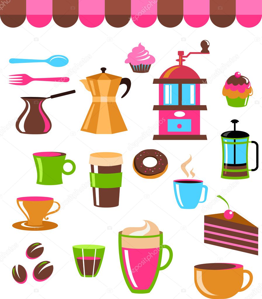 Coffee shop colourful icons